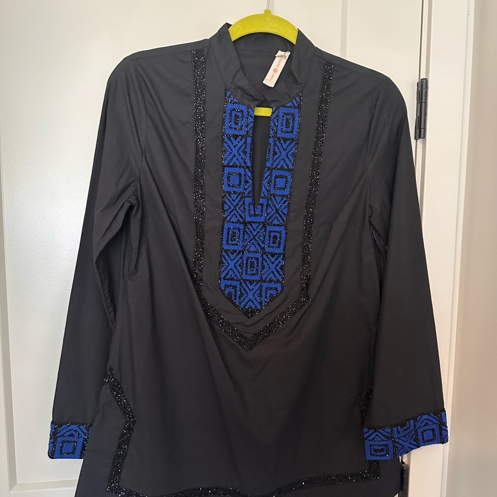 Tory Burch Black Tunic with Geometric Blue Accents